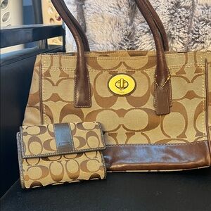 Coach Brown and Tan Signature Tote with Wallet